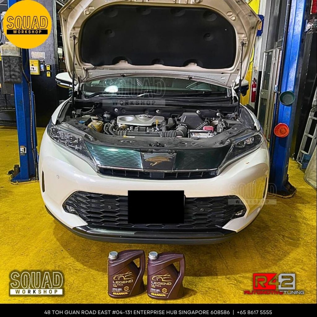 Toyota Harrier steering rack replacement, lower arm installation, and Mannol 0W20 engine servicing at Squad Workshop Singapore
