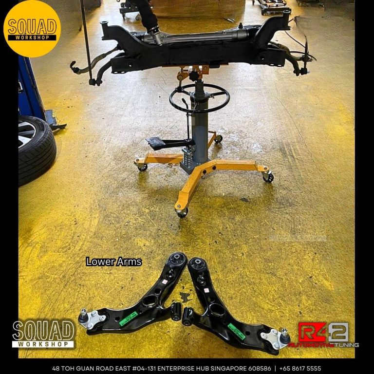 Toyota Harrier steering rack replacement, lower arm installation, and Mannol 0W20 engine servicing at Squad Workshop Singapore