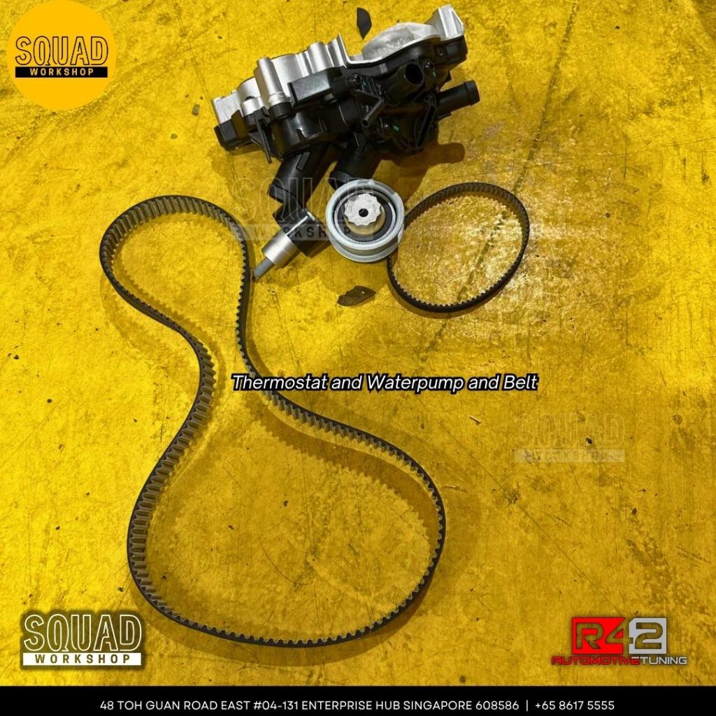 Volkswagen Golf 100k major servicing with water pump, timing belt, suspension, and engine mounting replacement at Squad Workshop Singapore