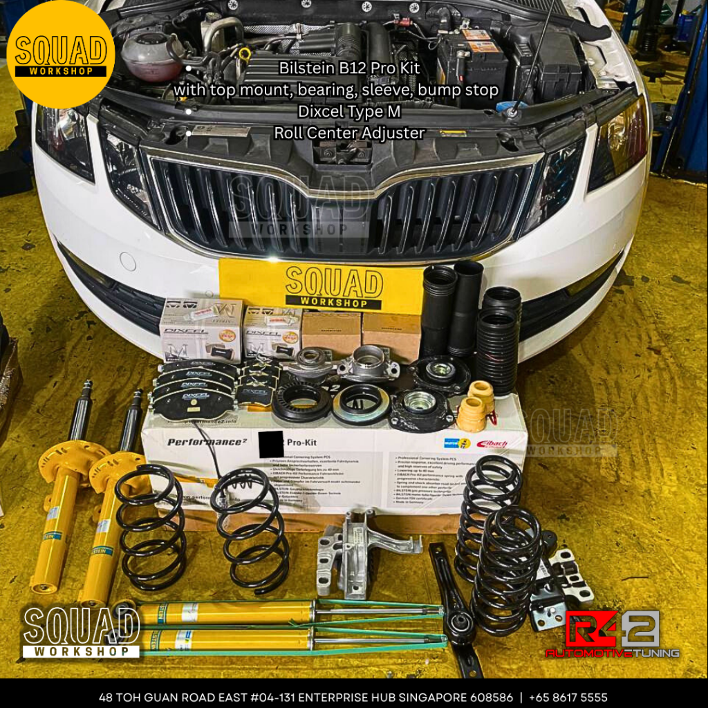 Skoda Octavia 1.4 undergoing 100K refresh with Bilstein B12 suspension, timing belt, walnut blasting, and Goodridge brake hose upgrade at Squad Workshop Singapore