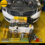 Skoda Octavia 1.4 undergoing 100K refresh with Bilstein B12 suspension, timing belt, walnut blasting, and Goodridge brake hose upgrade at Squad Workshop Singapore