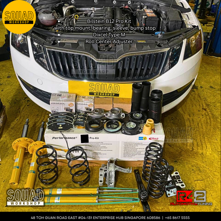 Skoda Octavia 1.4 undergoing 100K refresh with Bilstein B12 suspension, timing belt, walnut blasting, and Goodridge brake hose upgrade at Squad Workshop Singapore