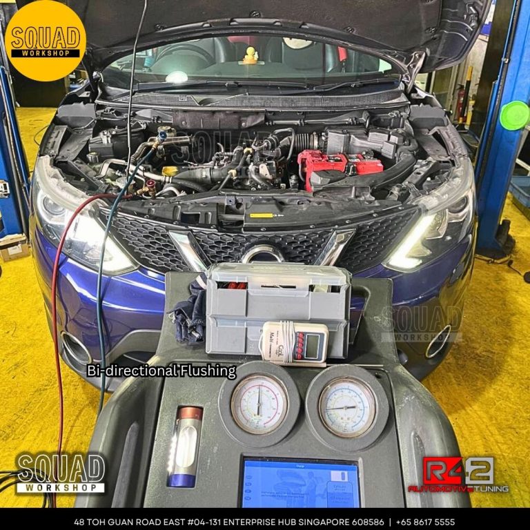 Nissan Qashqai J11 undergoing air-con compressor, expansion valve, and coolant hose replacement at Squad Workshop Singapore