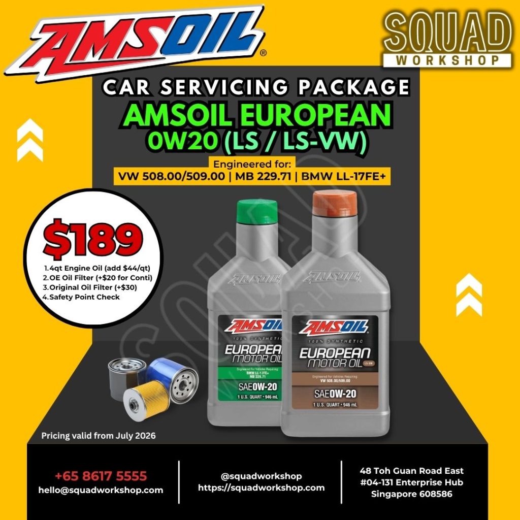 AMSOIL European 0W20 LS LS-VW car servicing package at Squad Workshop Singapore