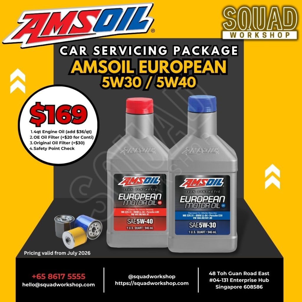 AMSOIL European 5W40 5W30 car servicing package at Squad Workshop Singapore